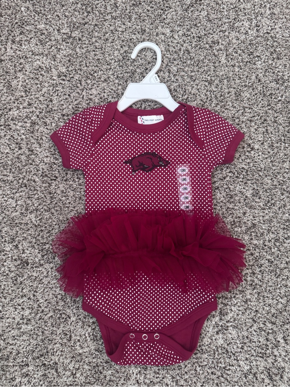 NWT Two Feet Ahead Arkansas Razorbacks Red Polka Dot Ruffle Tutu Onesie 12M
